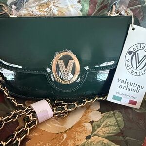 Valentino Orlandi Emerald Crossbody with Crystal Logo Chain